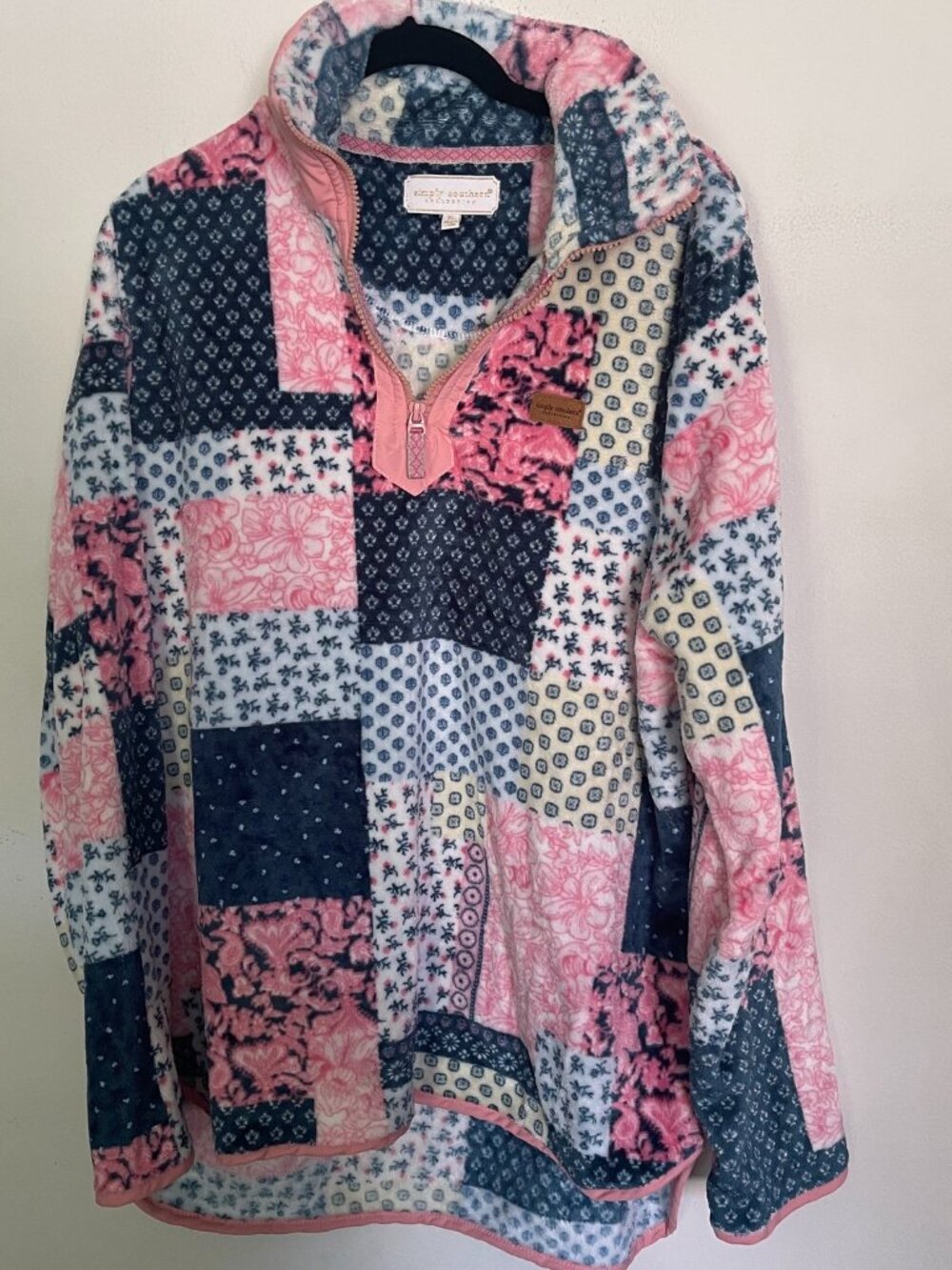 Simply Southern XL Quarter Zip Quilt Patchwork Pullover Pink Cottage Core T2